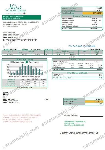 USA North Dakota Nodak Electric Cooperative utility bill template in Word and PDF format